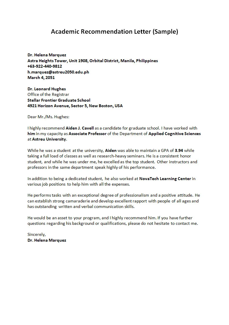 Academic Letter of Recommendation Template Word