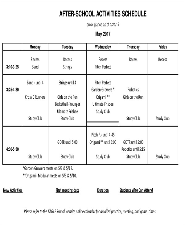 After School Schedule Template