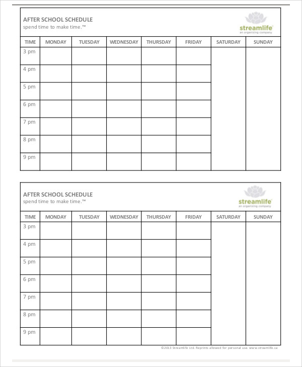 After School Schedule Template