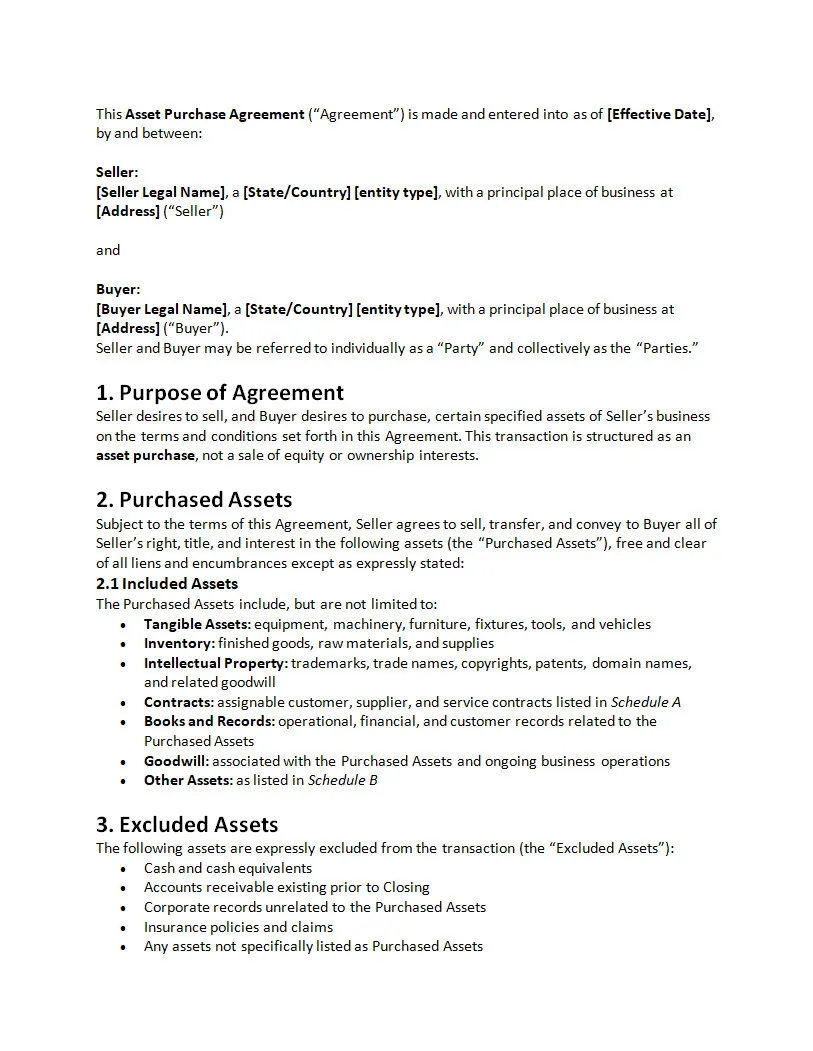 Asset Purchase Agreement Template Asset Purchase Agreement Template Word