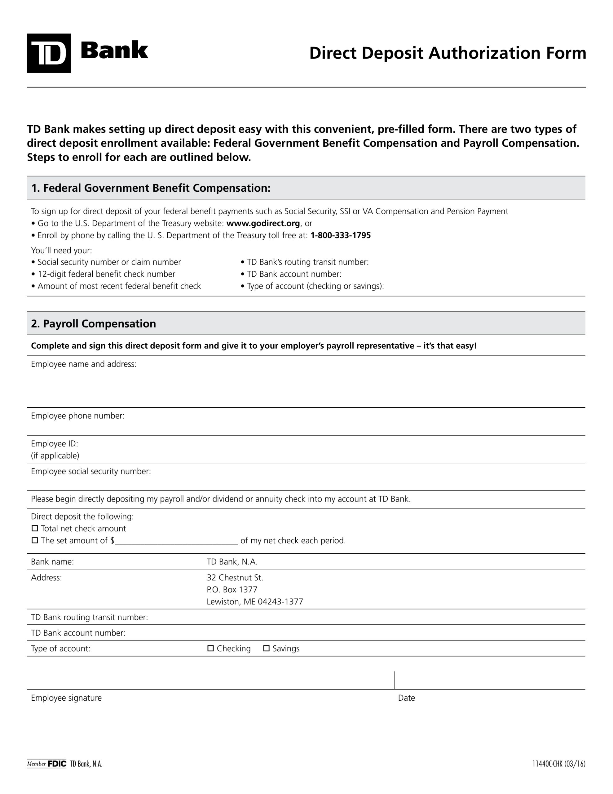 Bank Direct Deposit Form Template