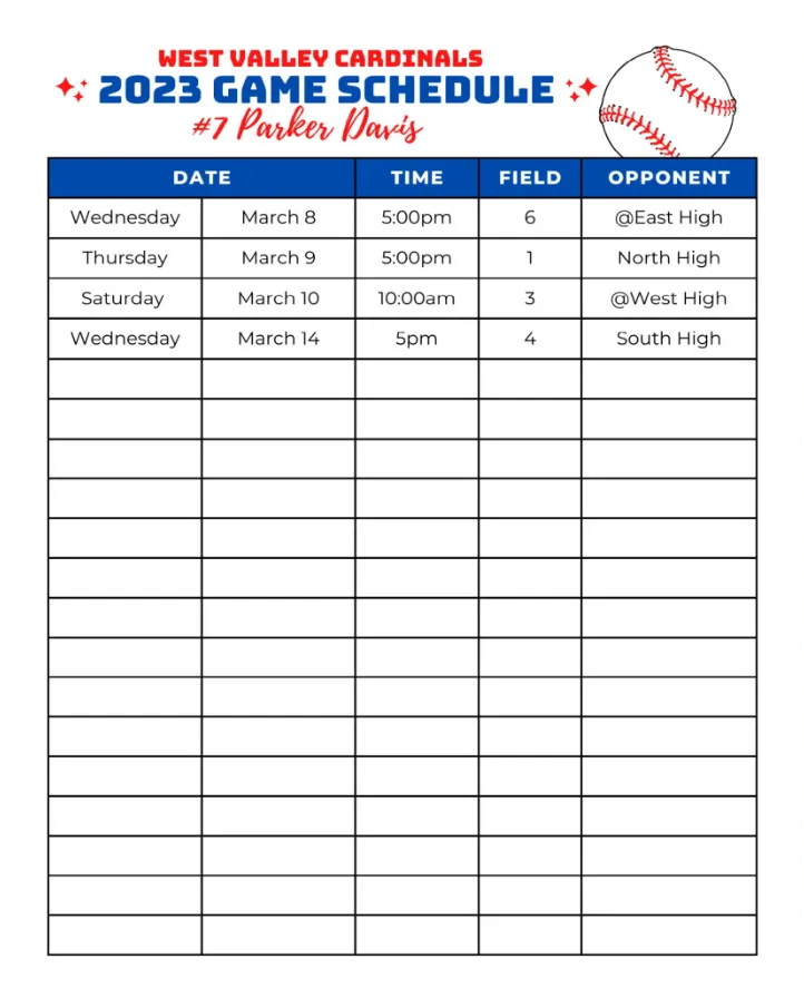 Baseball Schedule Template