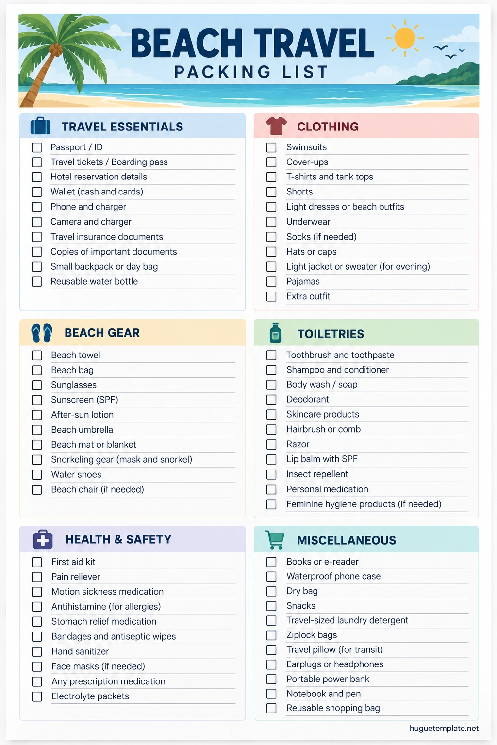 Beach Travel Packing List Template Beach travel packing list template with checkboxes for travel essentials, clothing, beach gear, toiletries, health and safety items, and miscellaneous accessories.