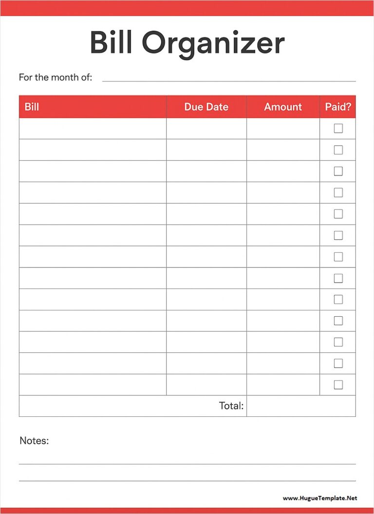 Free Printable Bill Organizer Template (PDF)