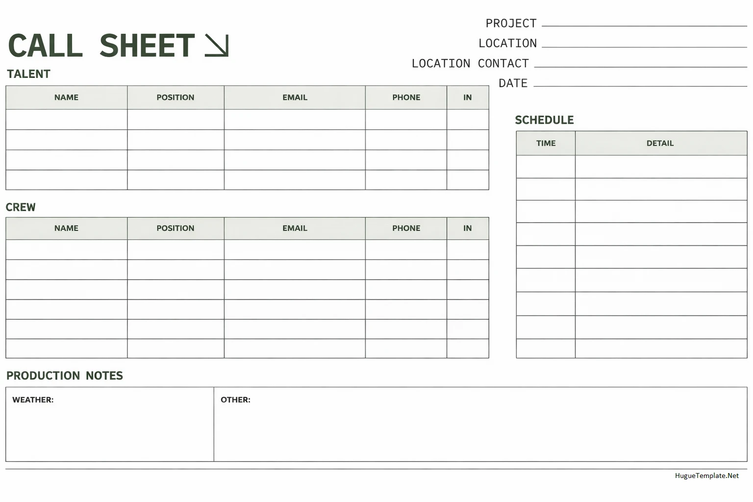 Simple Blank Call Sheet Template