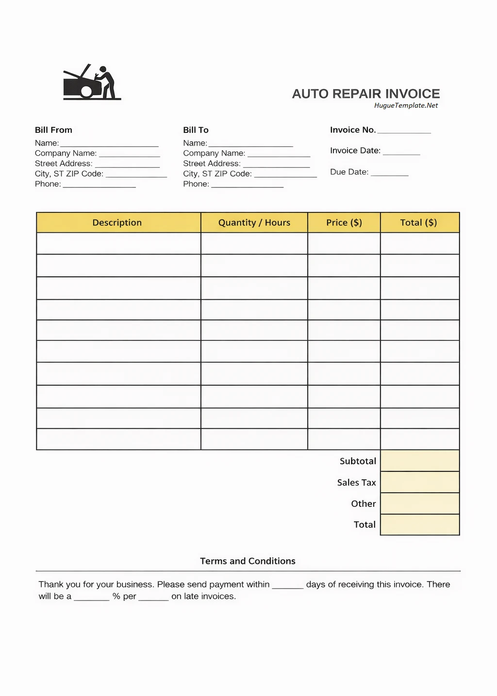 Simple Blank Car Repair Invoice Template
