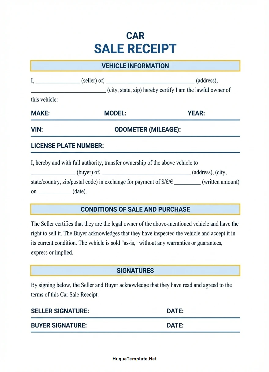 Simple Blank Car Sale Receipt Template