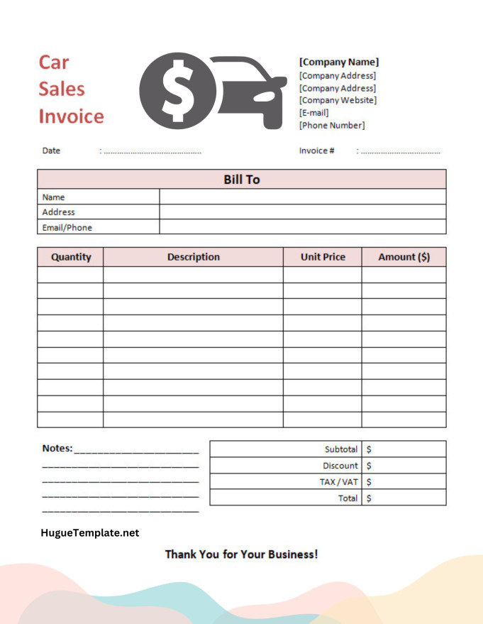 Car Sales Invoice Template Sample Printable Blank Car Sales Invoice Template in Word and PDF Format.