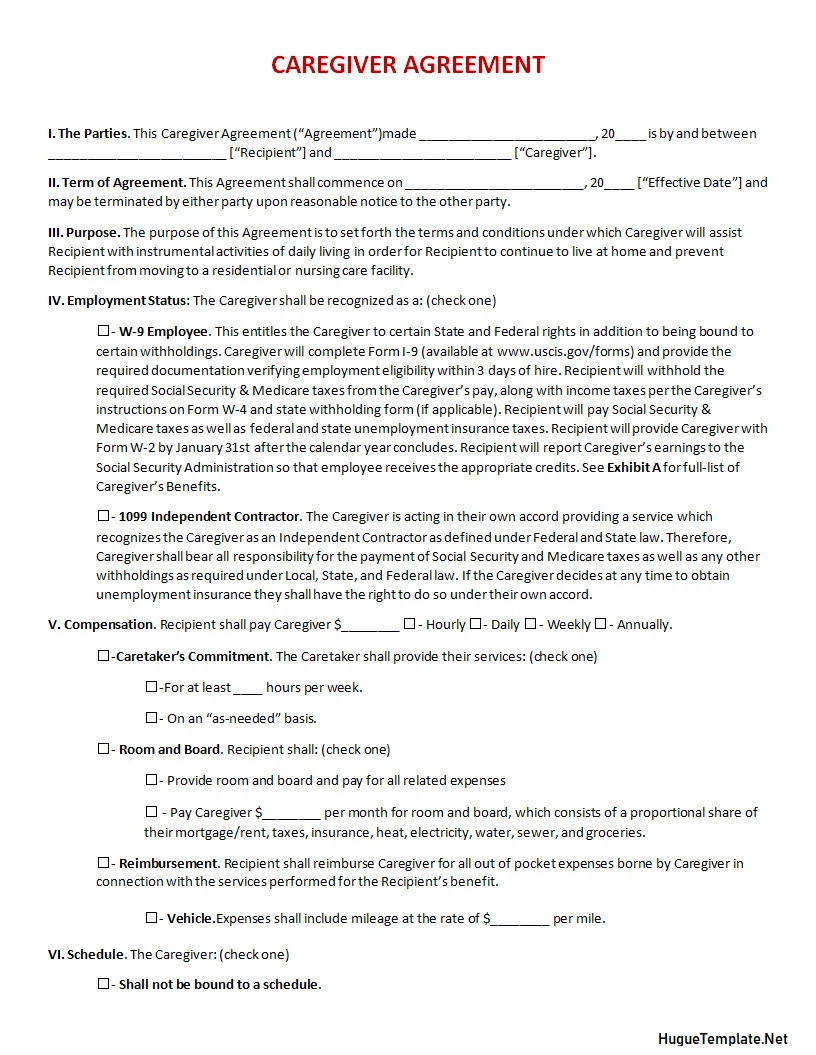 Caregiver Agreement Template Word