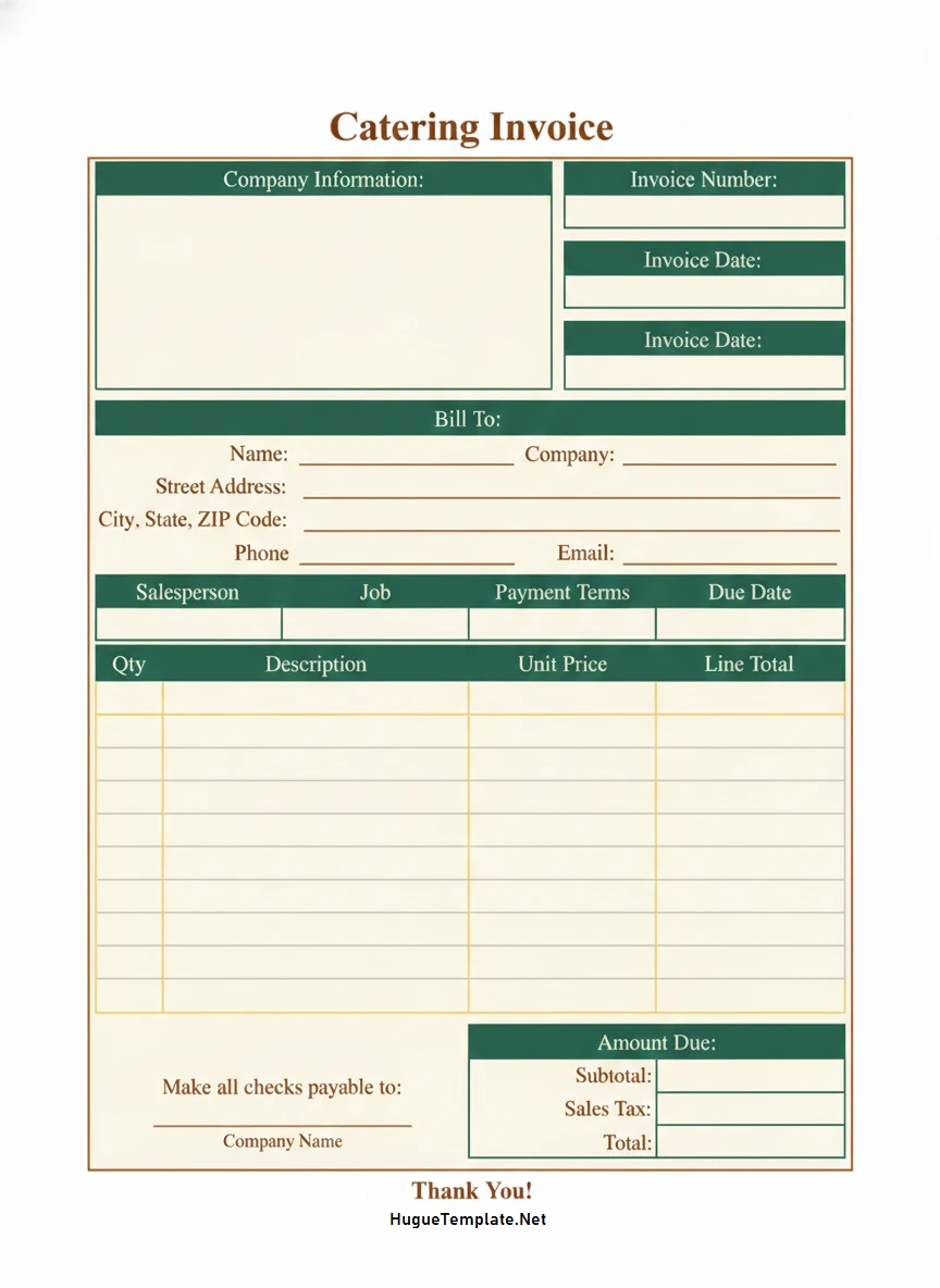 Simple Blank Catering Invoice Template