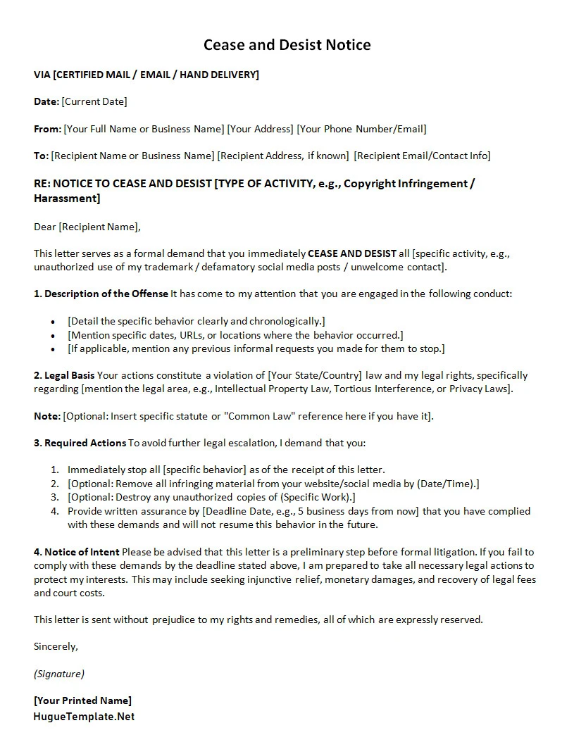 Cease and Desist Letter Template Word