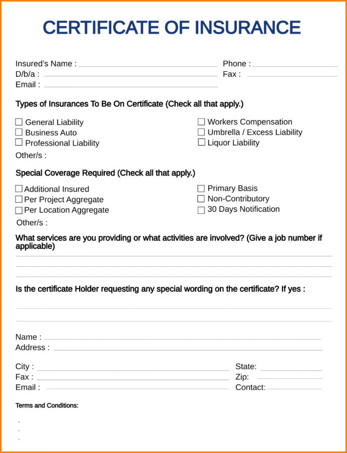 Certificate of Insurance Template