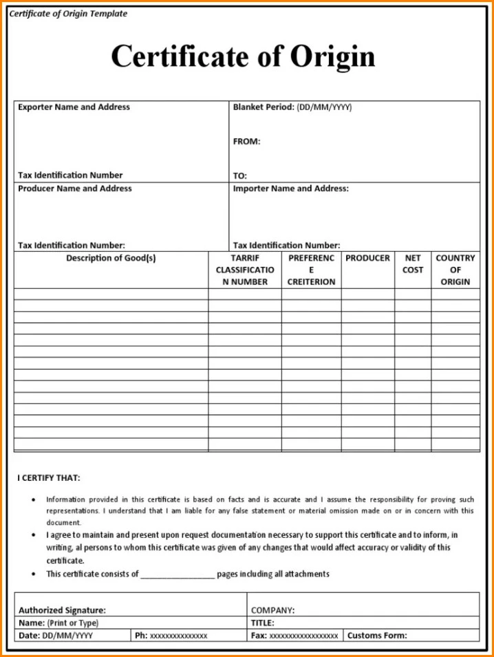 Certificate of Origin Template