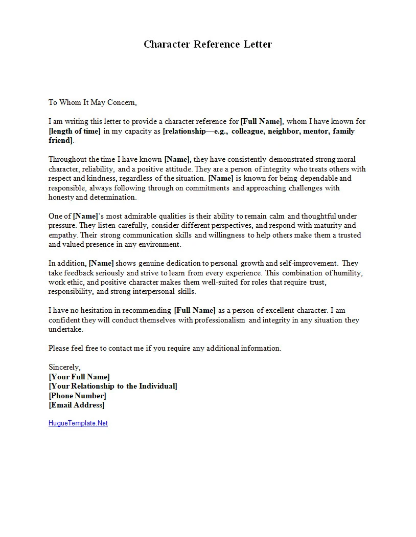 Free Character Reference Letter Template Word