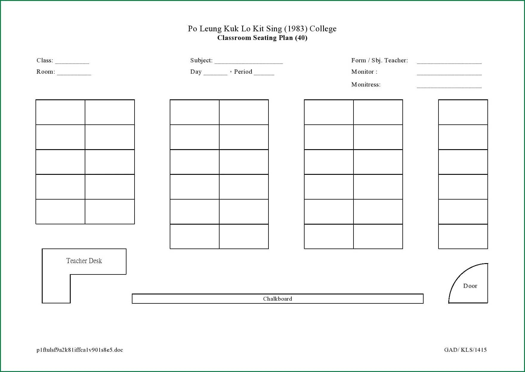 Classroom Seating Chart Template Sample