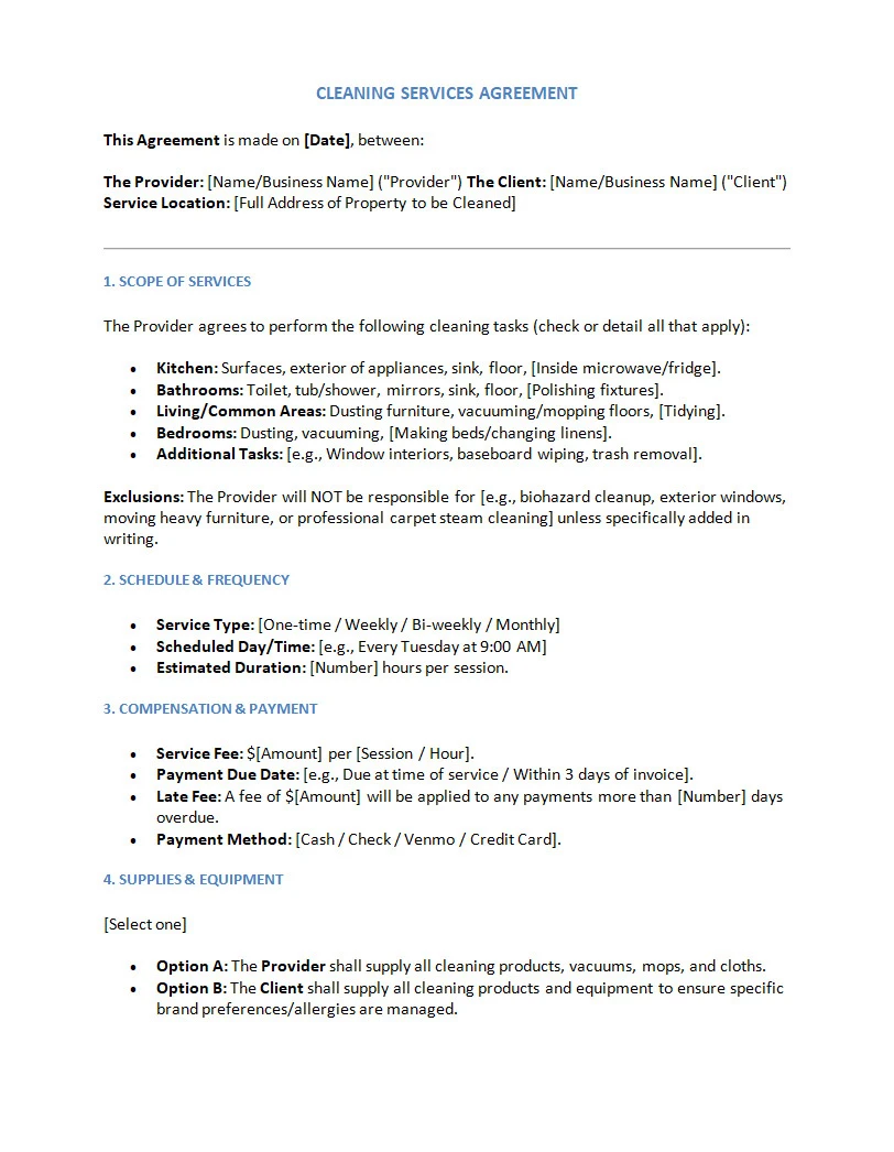 Cleaning Agreement Template Word
