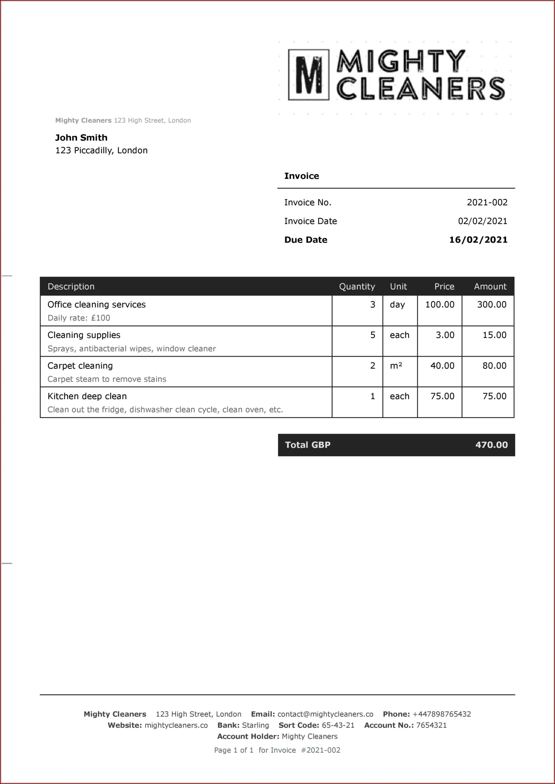 Cleaning Invoice Template Example