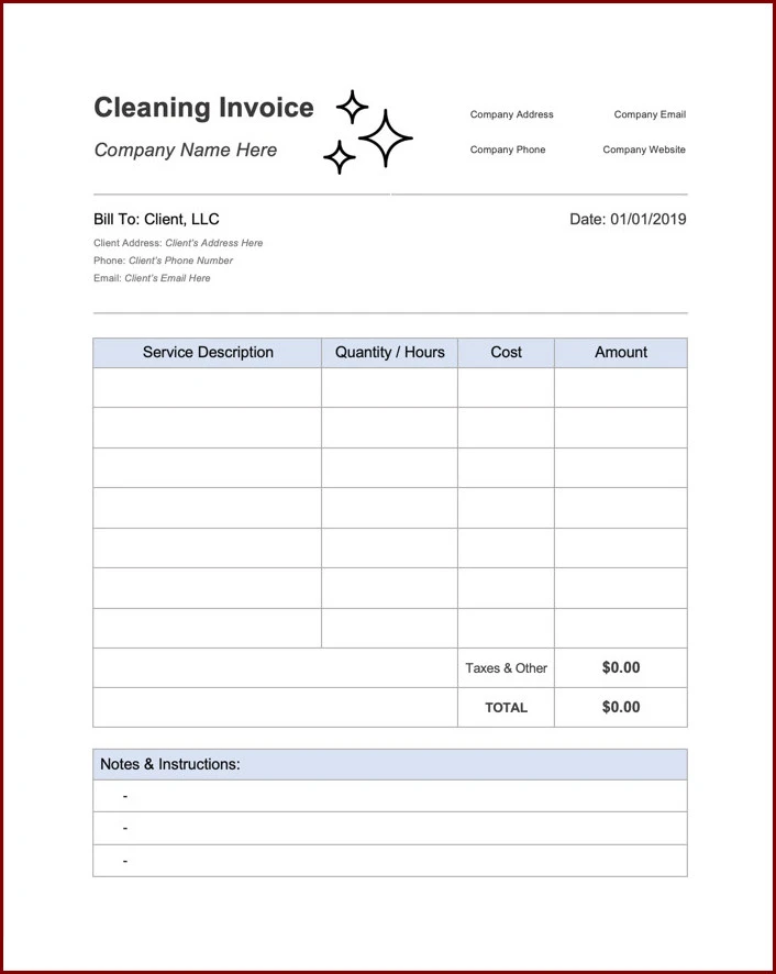 Cleaning Invoice Template Sample