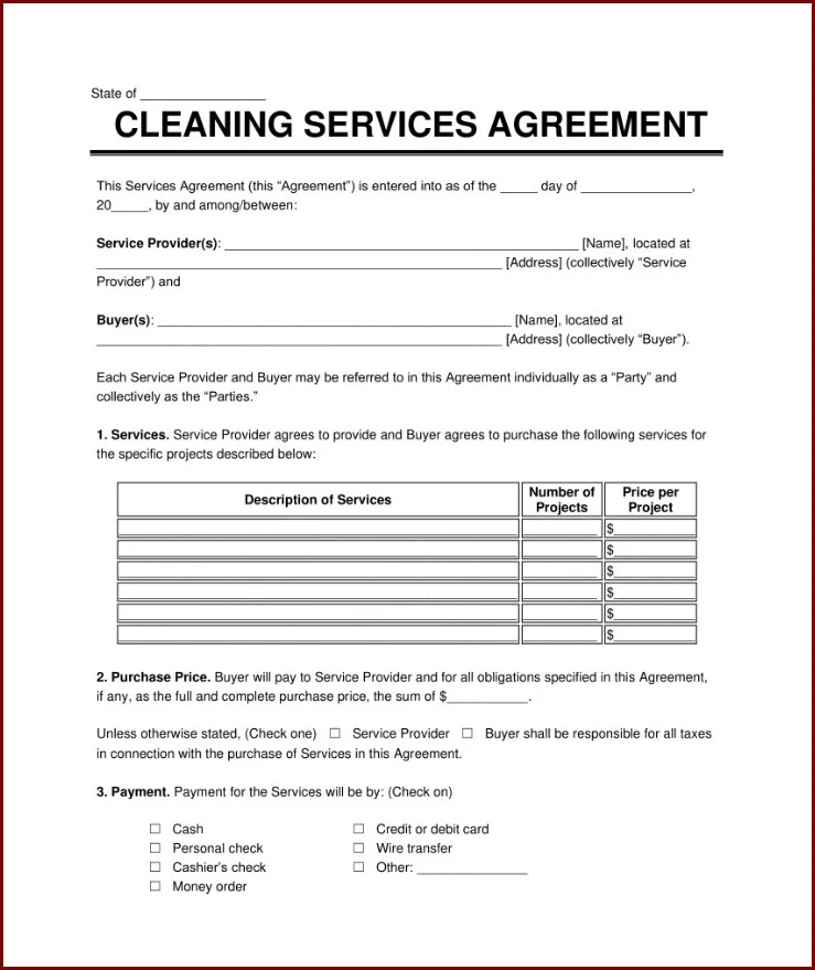 Cleaning Service Agreement Template Sample