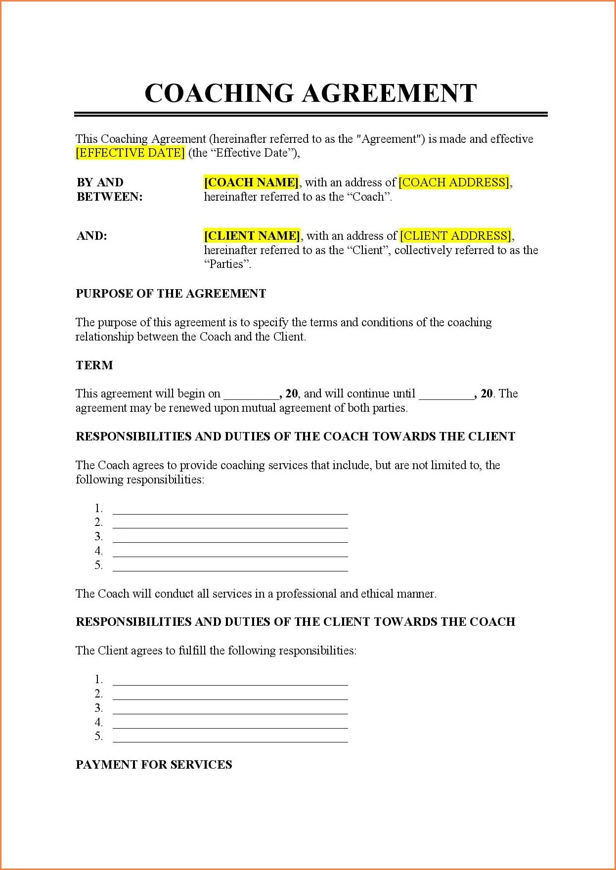 Coaching Contract Template Sample