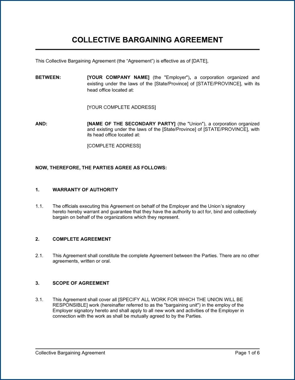 Collective Bargaining Agreement Template Sample