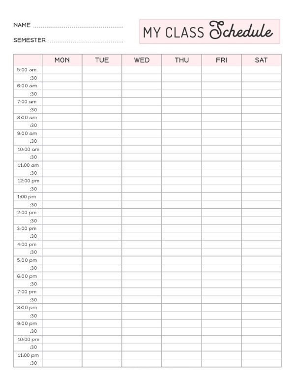 College Schedule Template Example