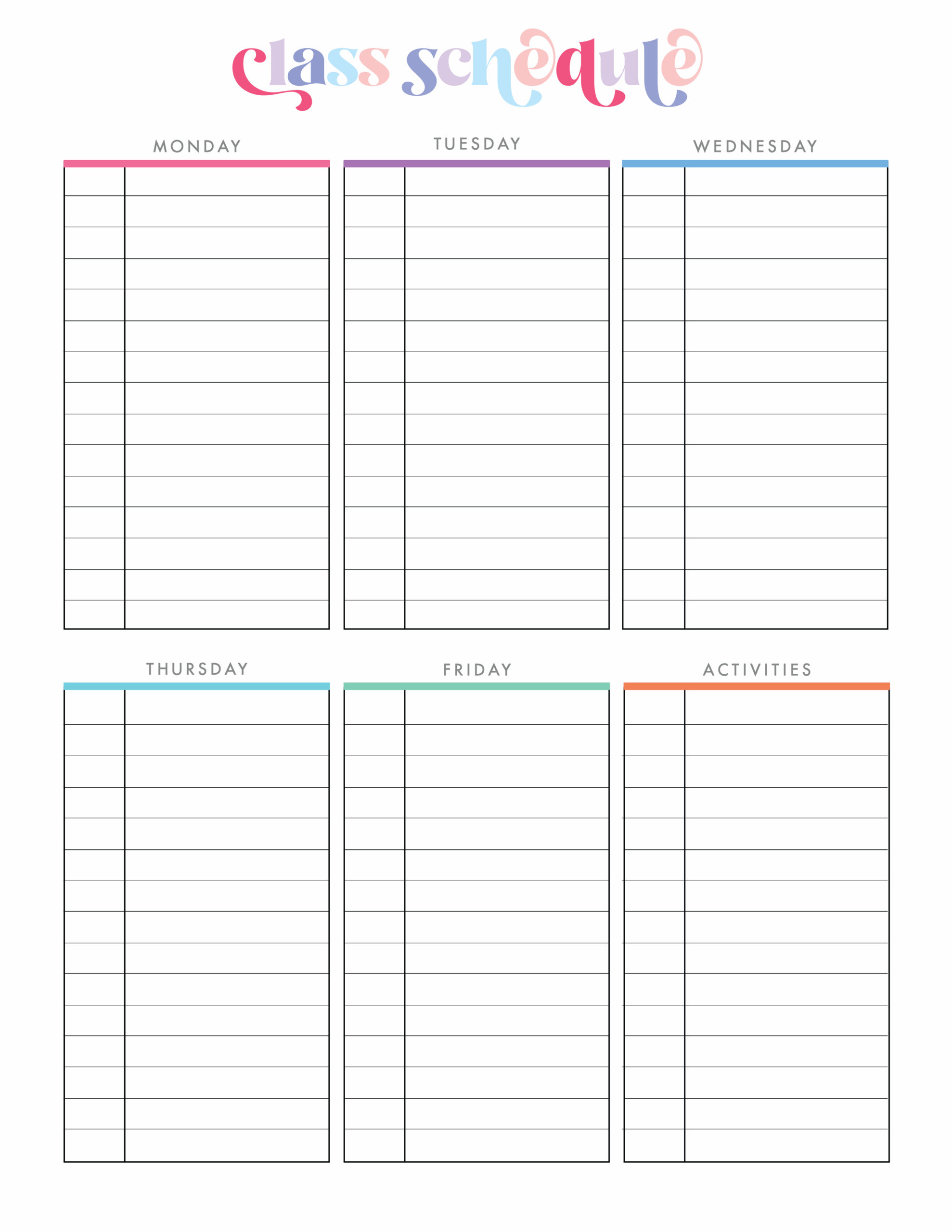 College Schedule Template Sample