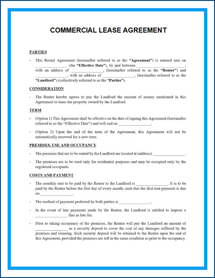 Commercial Rental Agreement Template Example