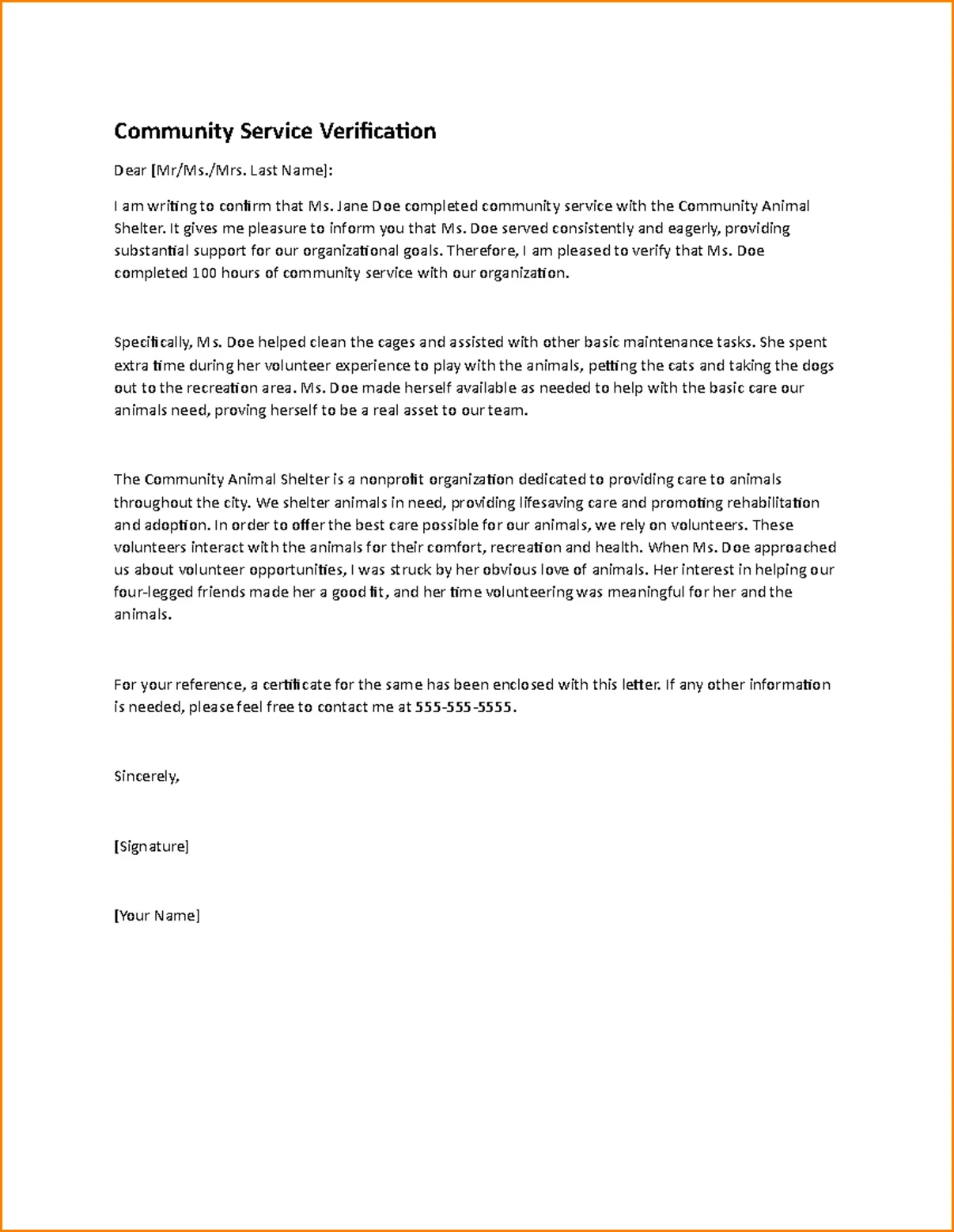 Community Service Letter Template Example