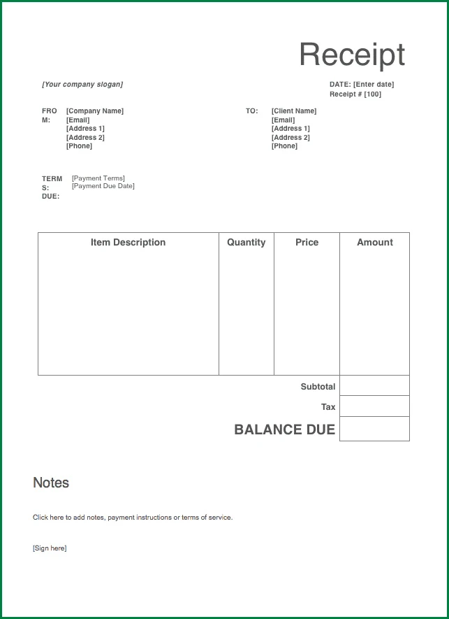 Company Receipt Template Example