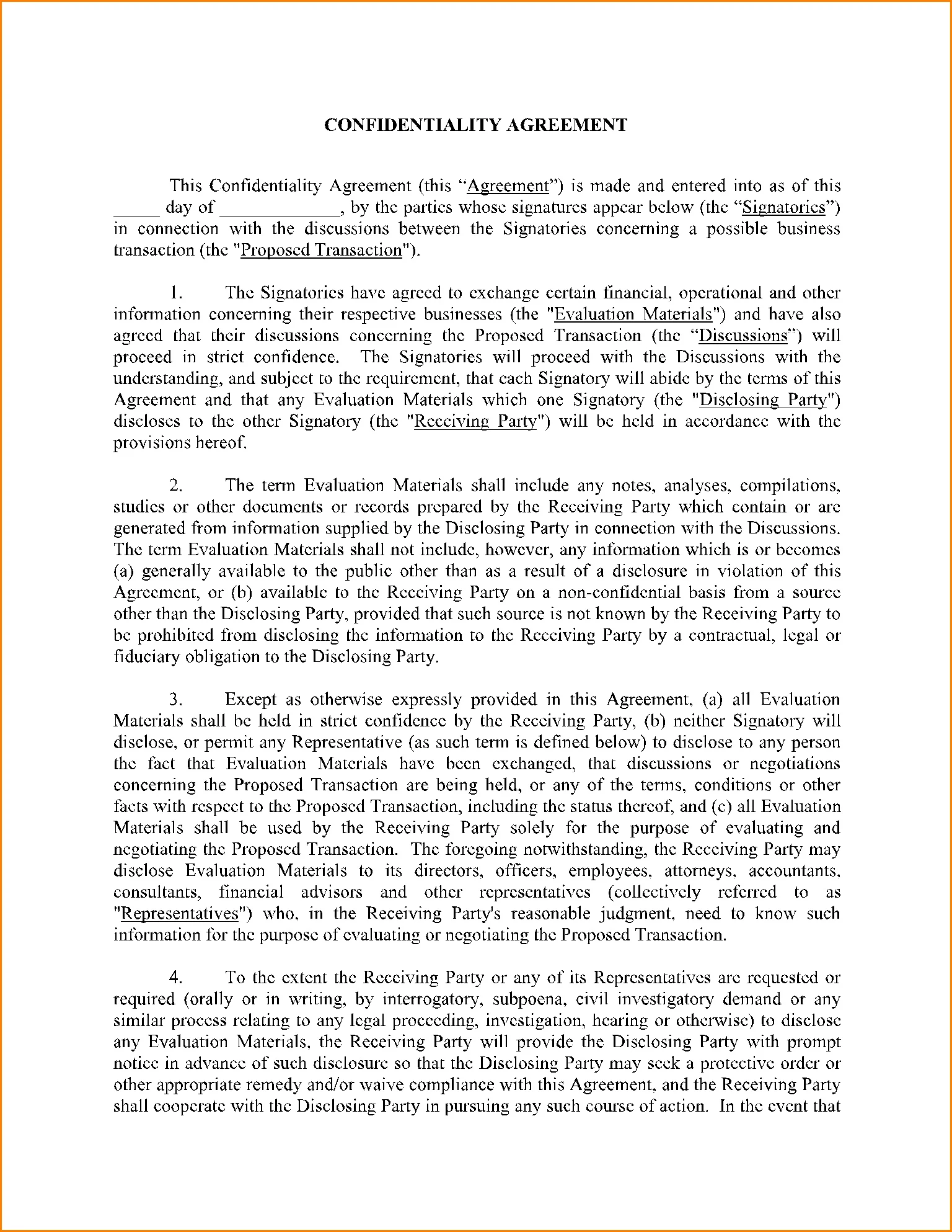 Confidentiality Agreement Template Example