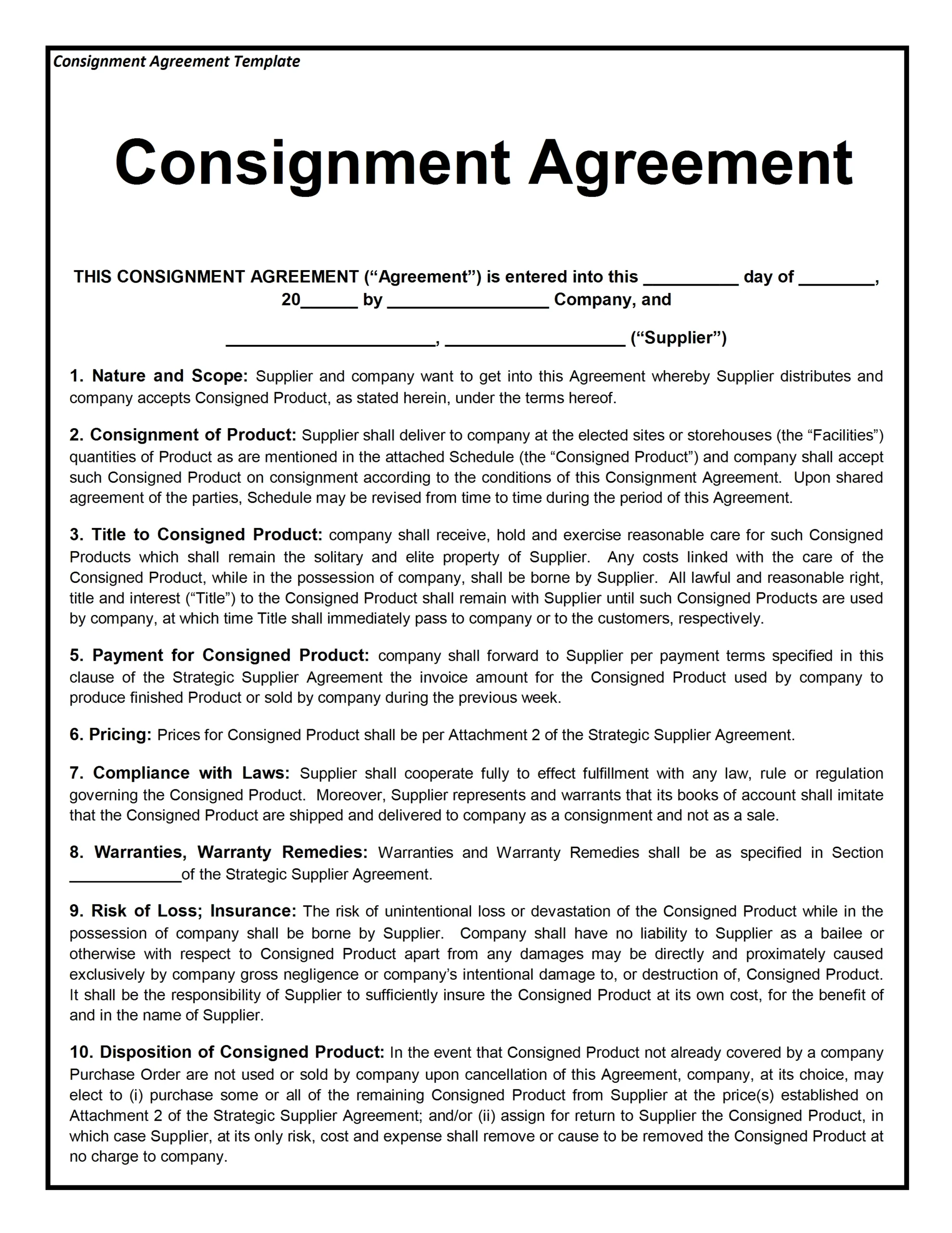Consignment Agreement Template Sample