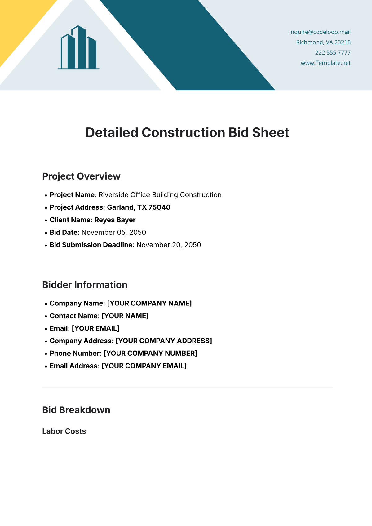 Construction Bid Sheet Template