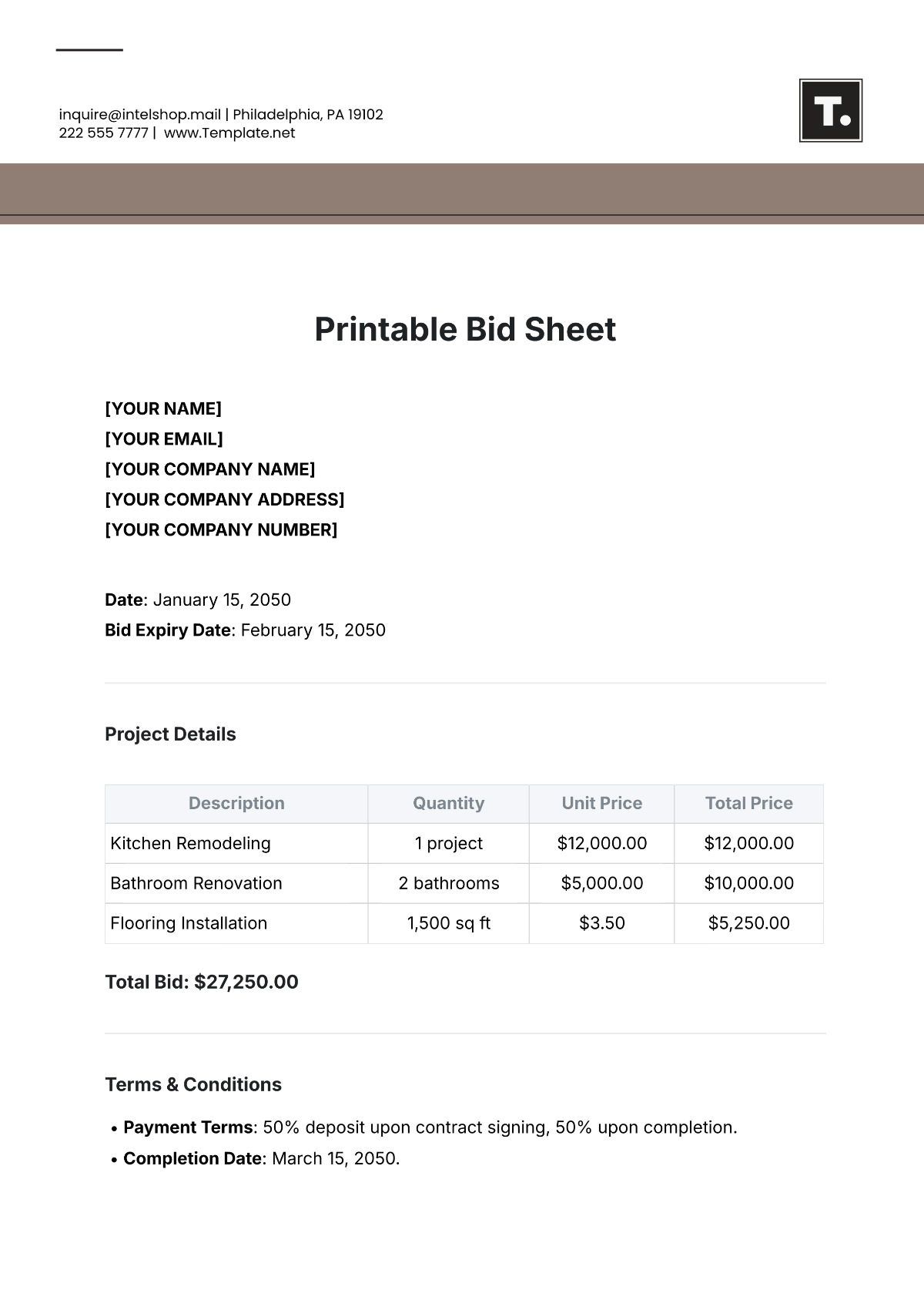 Construction Bid Sheet Template