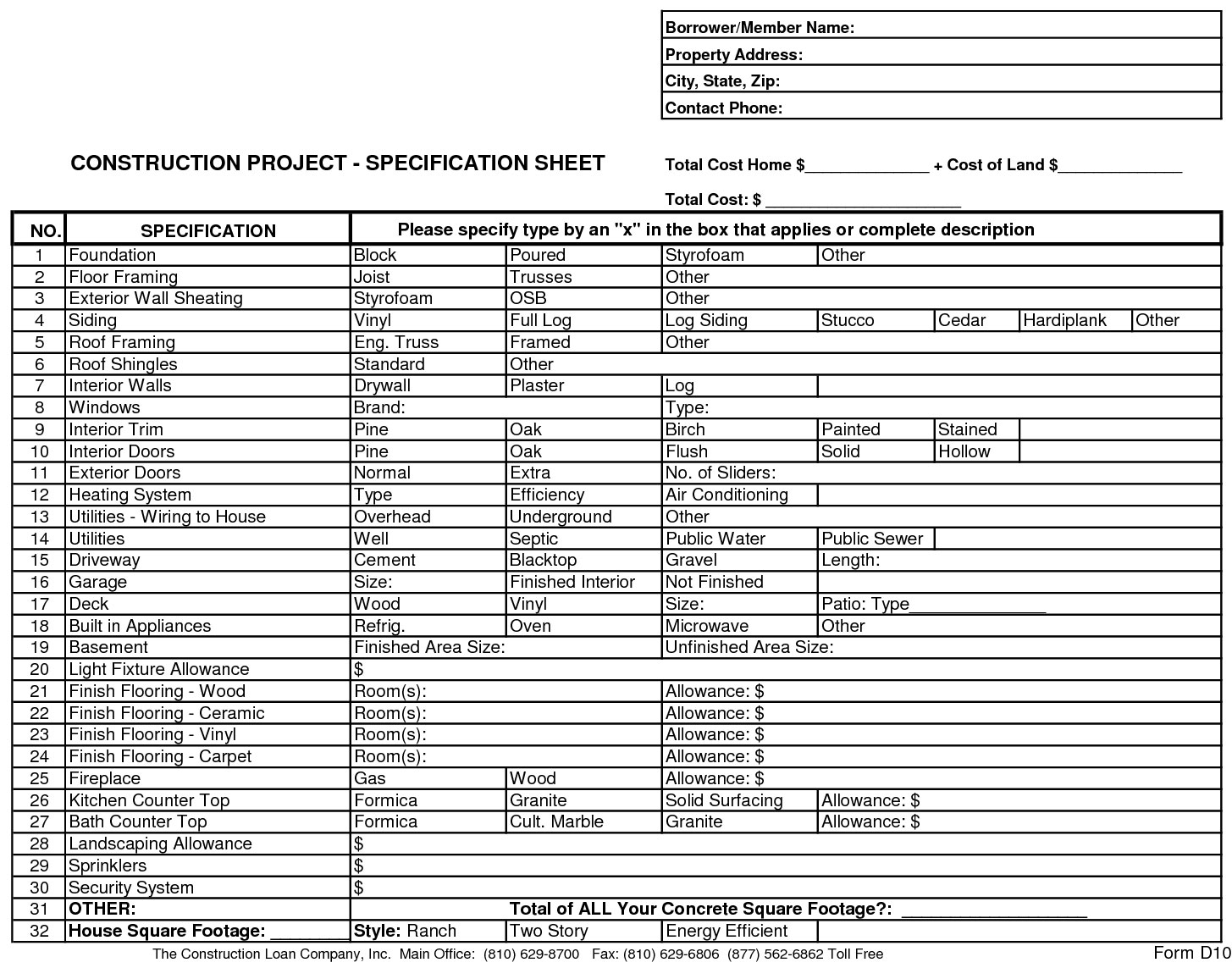Construction Bid Sheet Template