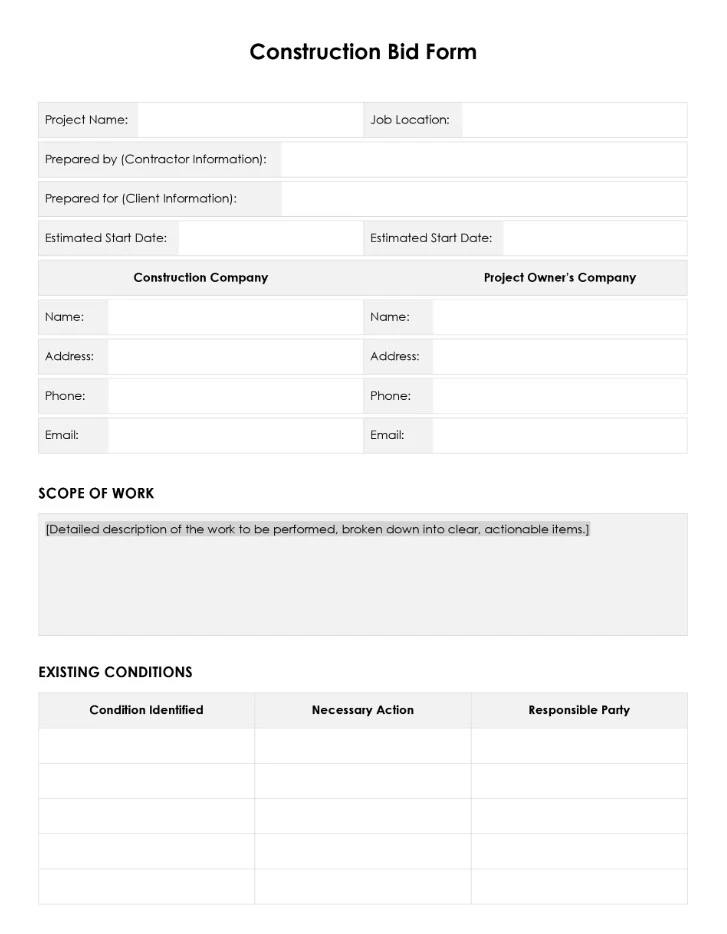 Construction Bid Template Sample