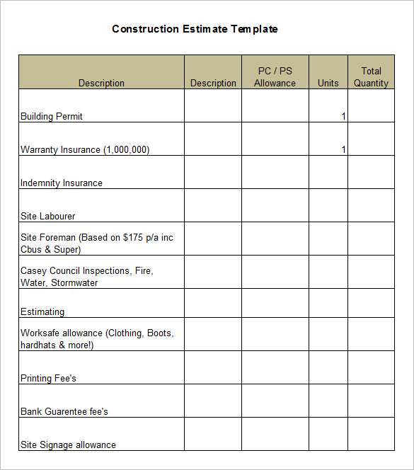 Construction Estimate Template
