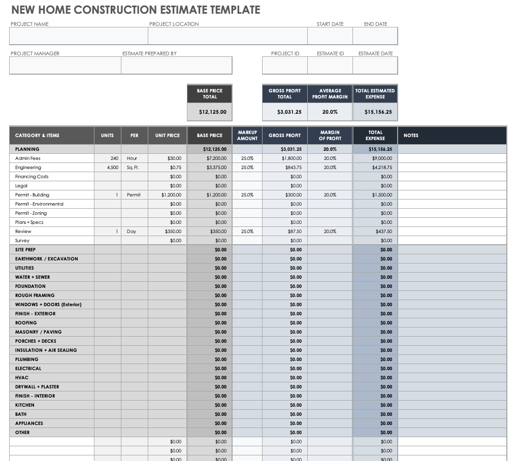 Construction Estimate Template