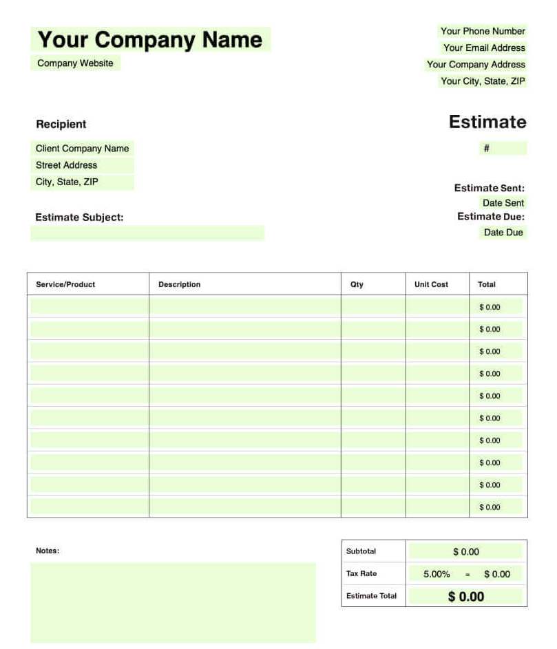 Construction Estimate Template