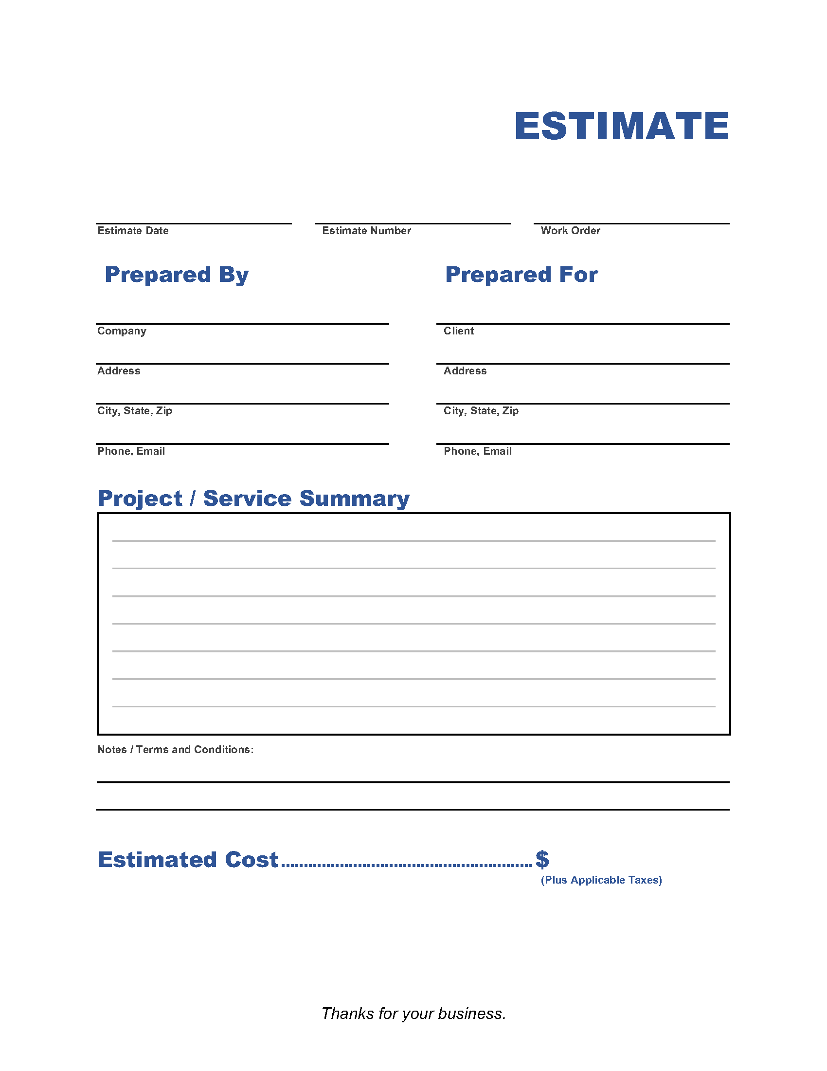 Construction Estimate Template