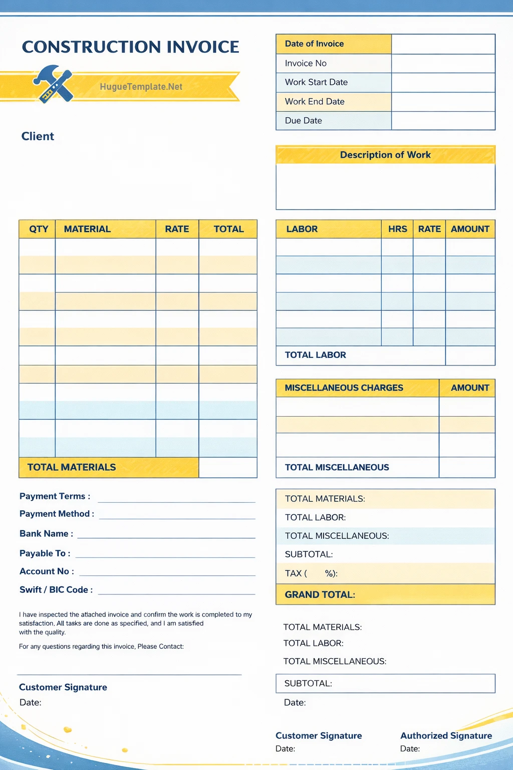 Simple Blank Construction Invoice Template Word PDF