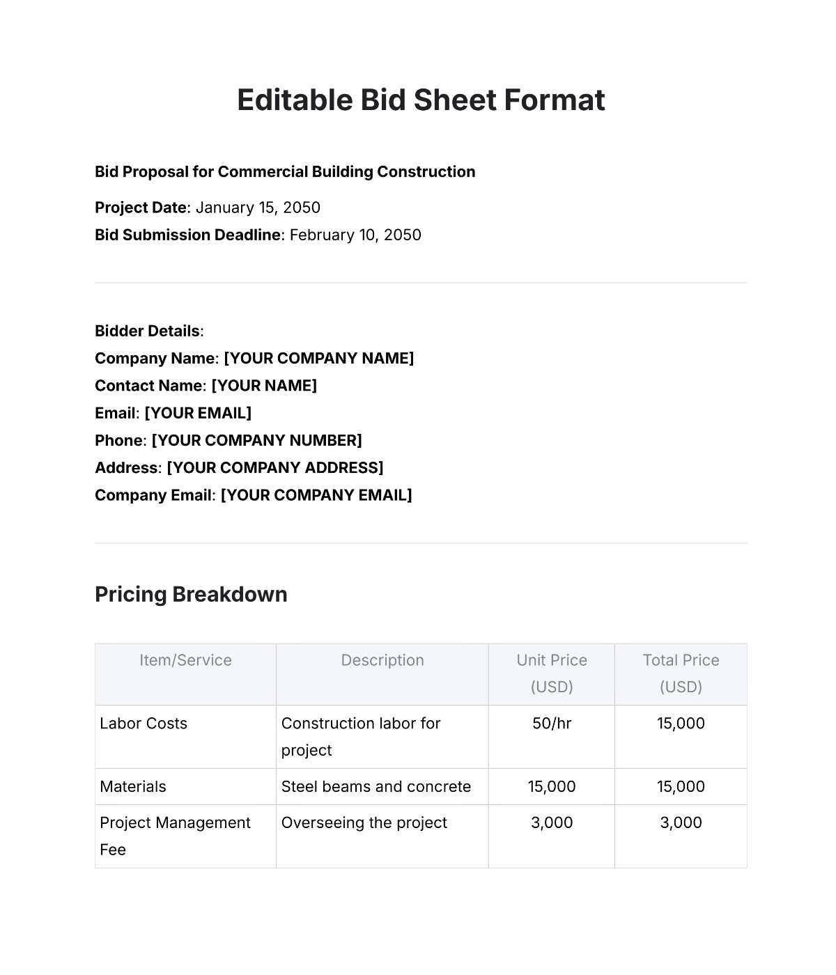 Contractor Bid Sheet Template
