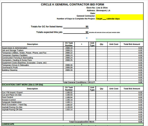 Contractor Bid Sheet Template
