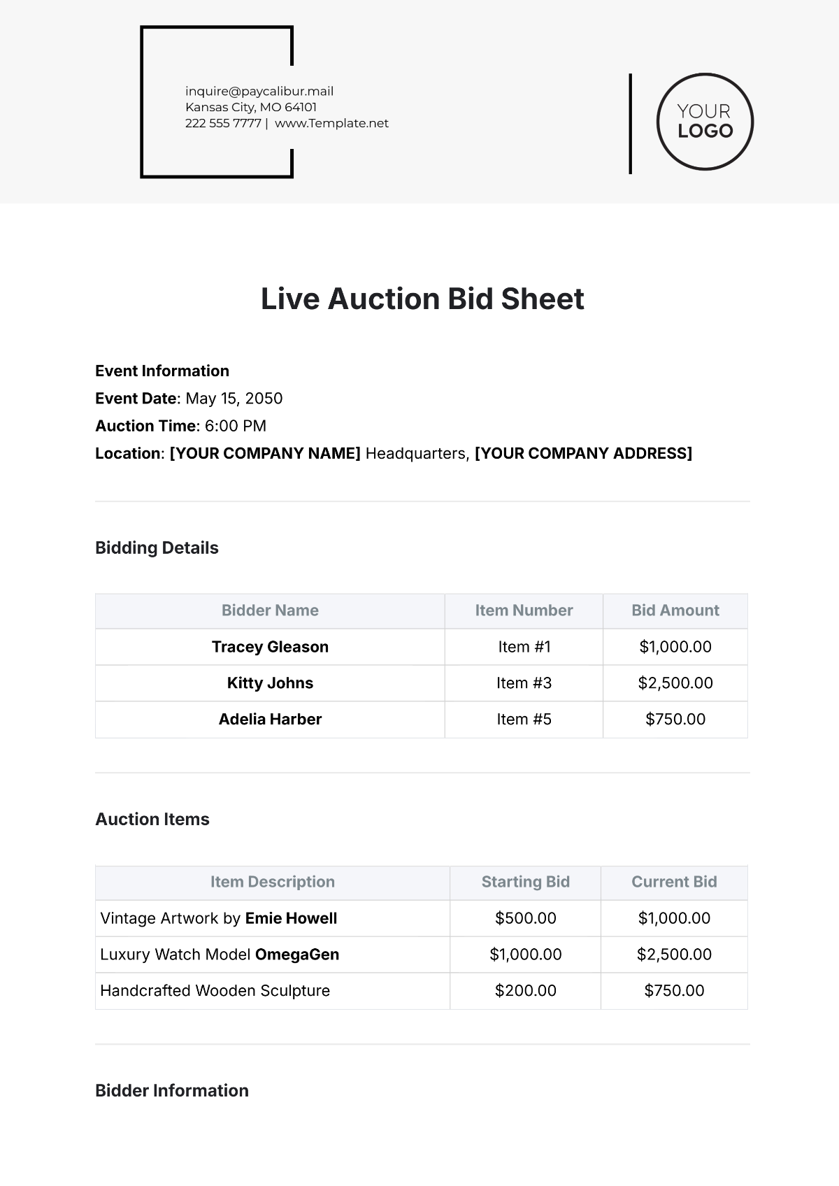 Contractor Bid Sheet Template