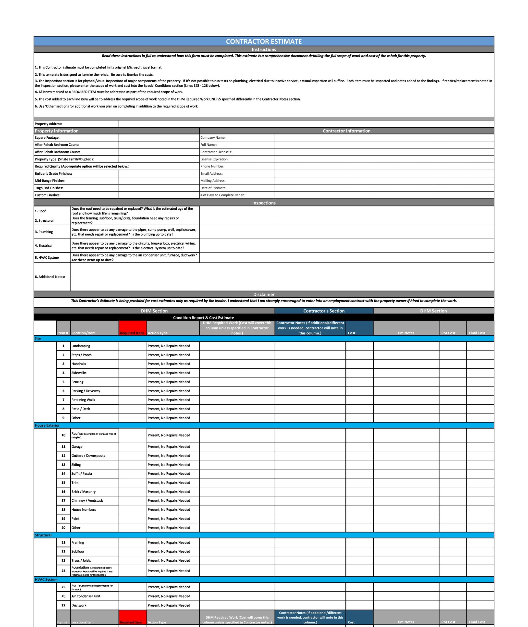 Contractor Estimate Form