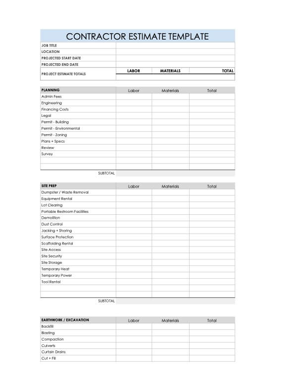 Contractor Estimate Template