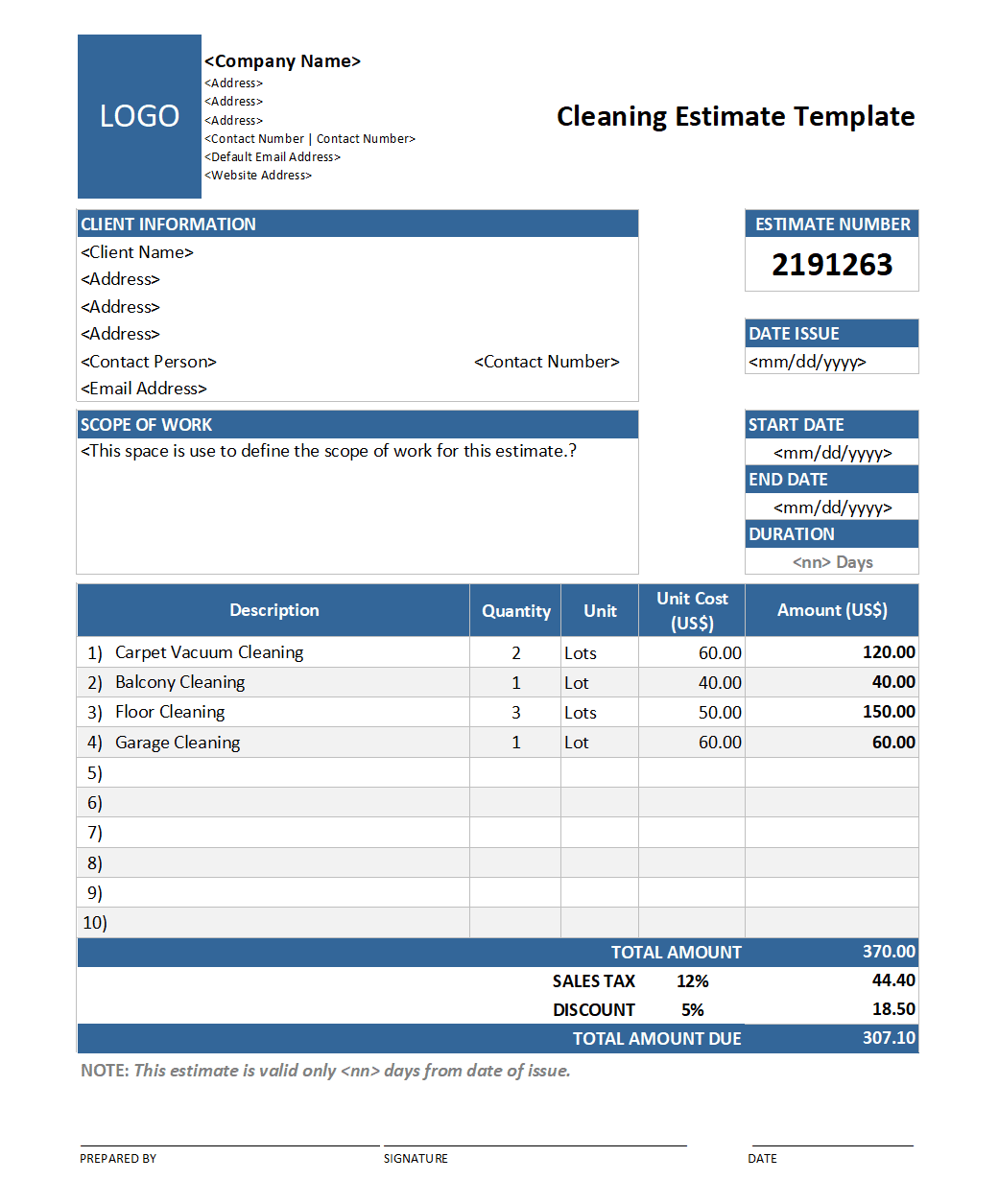 Contractor Estimate Template