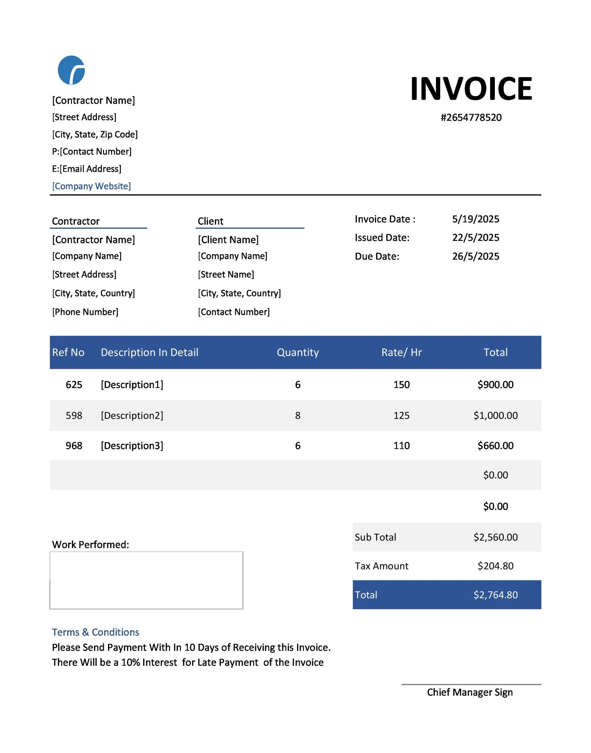 Contractor Invoice Template Example