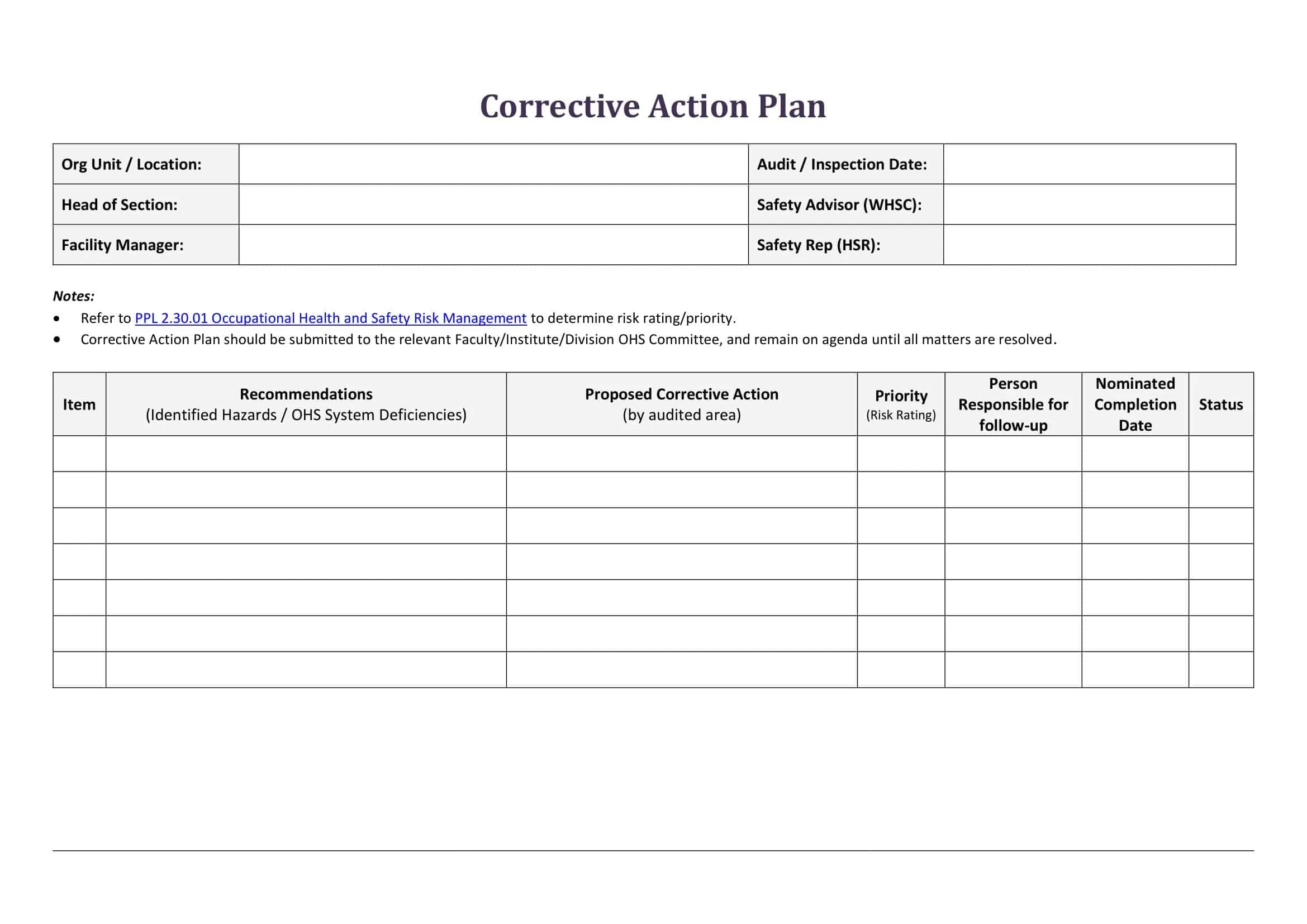 Corrective Action Plan Template Word