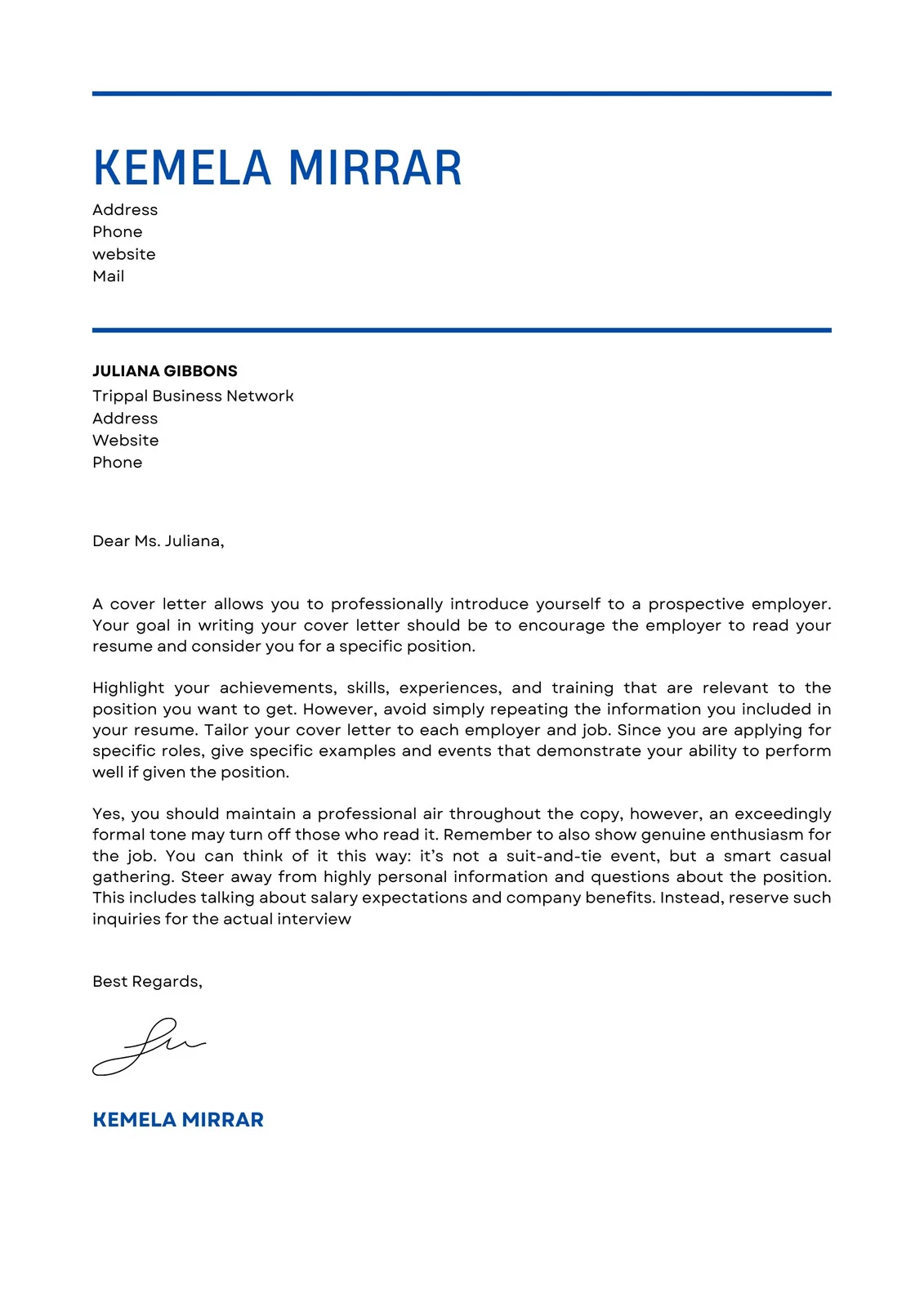 Cover Letter Template For a Job Application Word